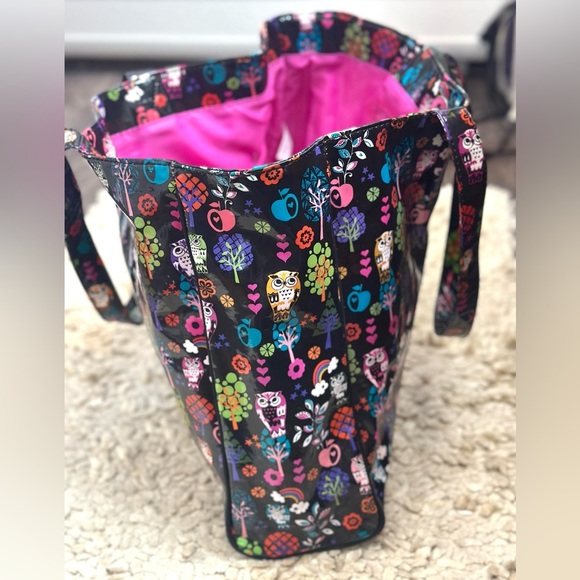 Paperchase Blk Glossy Cartoon Fun Owl-Floral Print Tote Bag Large Purse Carrier - Picture 2 of 6